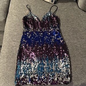 Fashion Nova Sequin Mini Dress in Purple and Blue Sz L